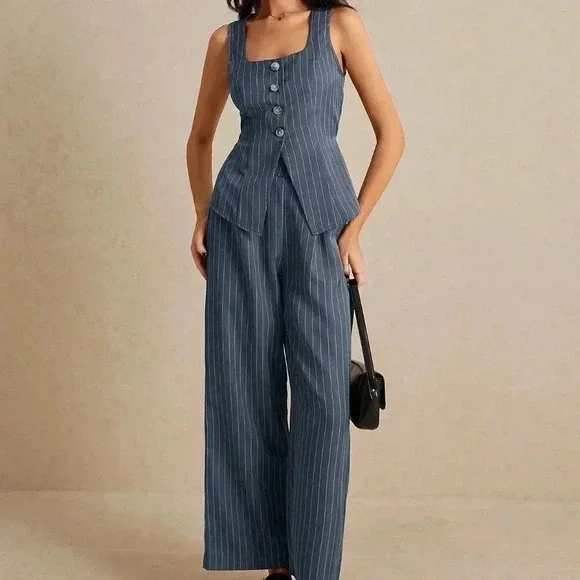 Gray Casual Women's Summer Old Money Striped Tank Top And Pants Set - Picture 4 of 8